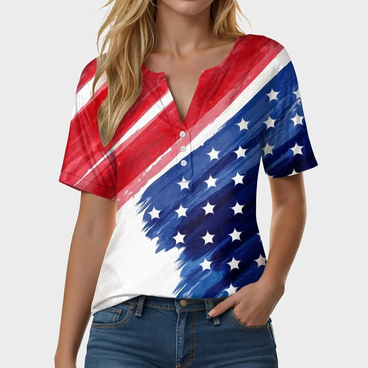 Summer Tops for Women 2025 Henley V Neck Short Sleeve Shirt Button Down Shirt Comfy Blouse Dressy Floral Printed