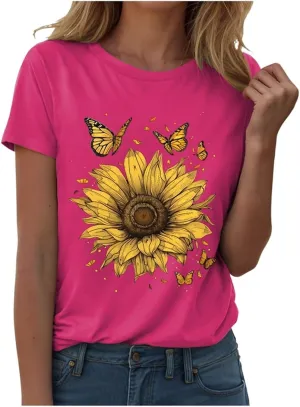 Summer Tops for Women 2025 Sunflower Graphic Shirt Boho Flower Top Cute Summer Vintage Short Sleeve Holiday Shirt