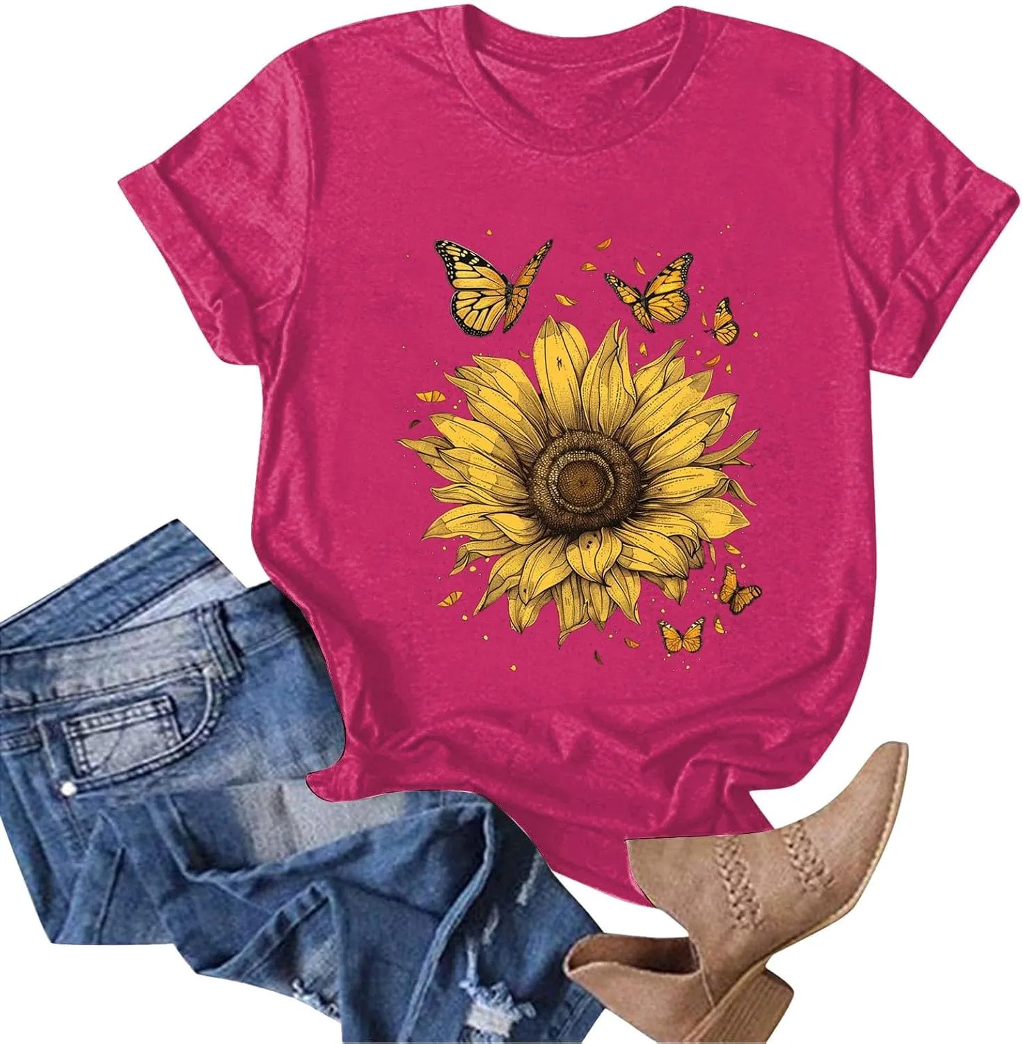 Summer Tops for Women 2025 Sunflower Graphic Shirt Boho Flower Top Cute Summer Vintage Short Sleeve Holiday Shirt