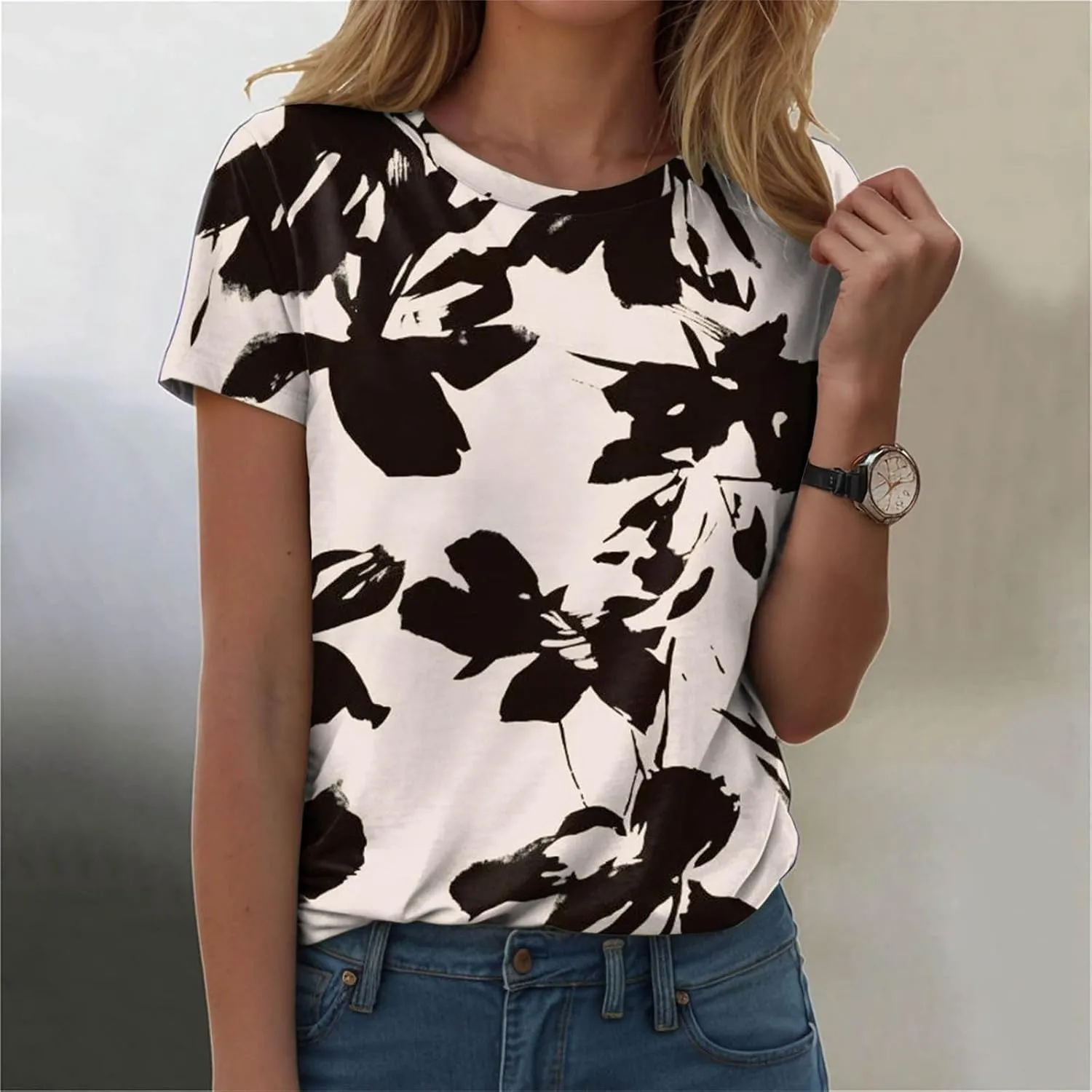 Summer Tops for Women 2025 Trendy Cute Floral Print Tee Shirts Casual Short Sleeve Crewneck Tee Blouses