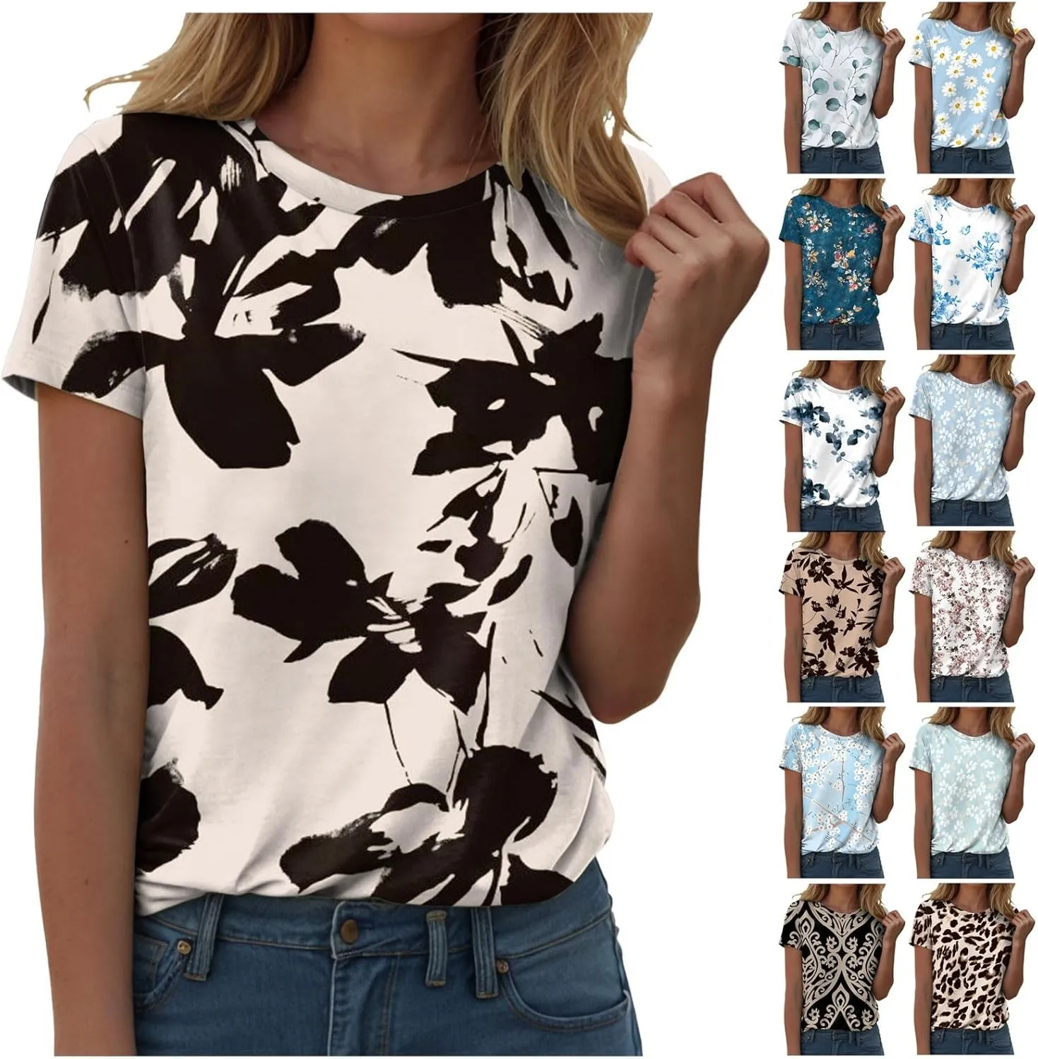 Summer Tops for Women 2025 Trendy Cute Floral Print Tee Shirts Casual Short Sleeve Crewneck Tee Blouses