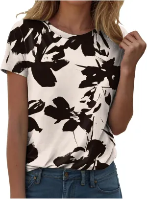 Summer Tops for Women 2025 Trendy Cute Floral Print Tee Shirts Casual Short Sleeve Crewneck Tee Blouses