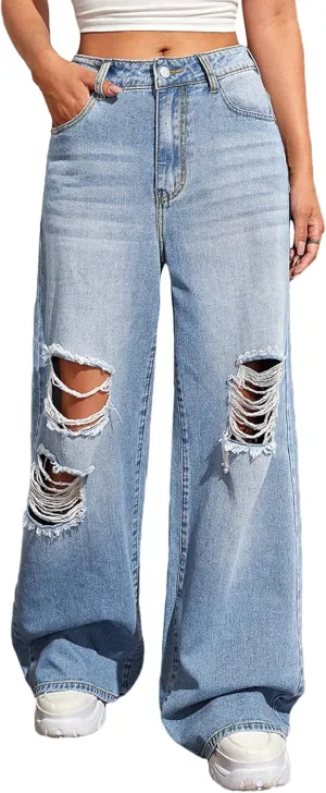SweatyRocks Women's Casual Loose Ripped Denim Pants Distressed Wide Leg Jeans