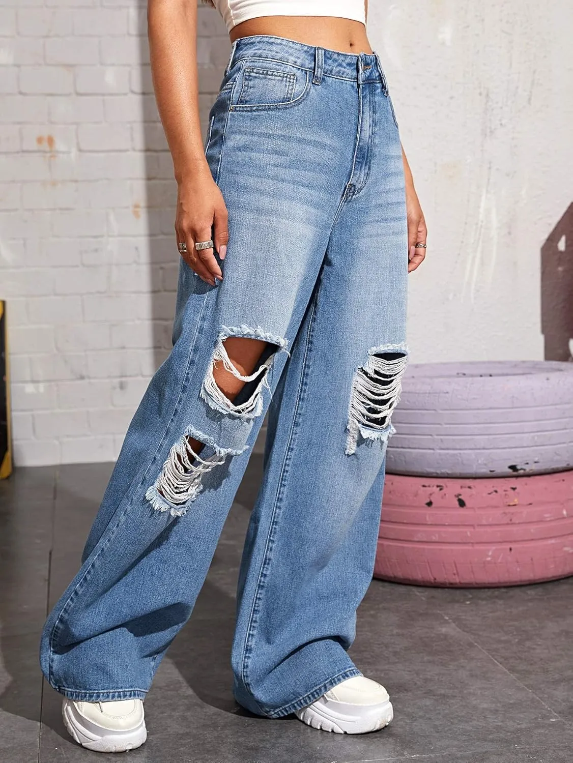 SweatyRocks Women's Casual Loose Ripped Denim Pants Distressed Wide Leg Jeans