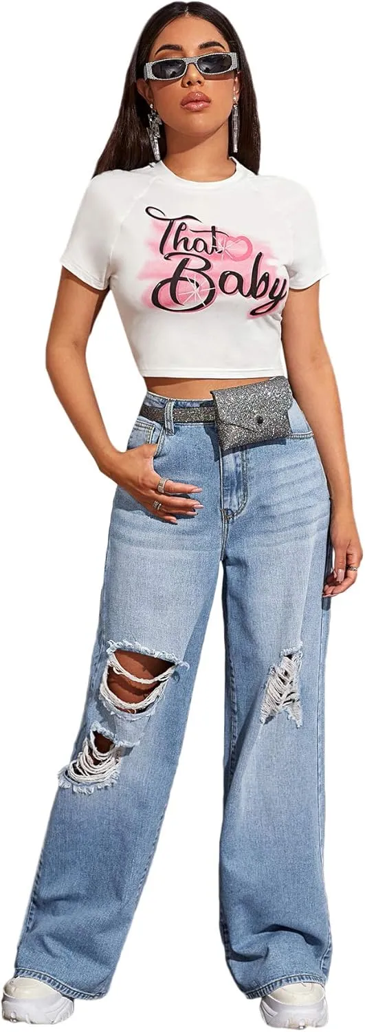 SweatyRocks Women's Casual Loose Ripped Denim Pants Distressed Wide Leg Jeans