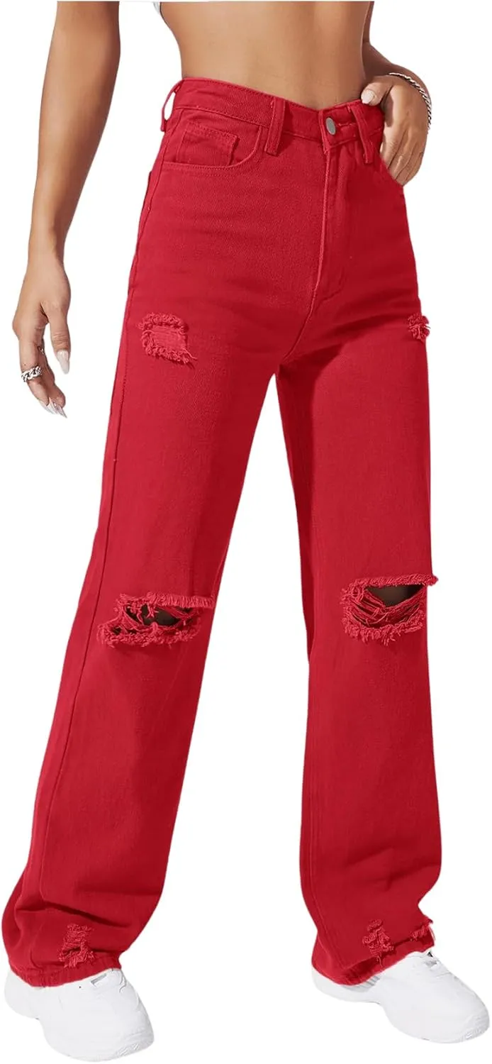 SweatyRocks Women's Casual Loose Ripped Denim Pants Distressed Wide Leg Jeans