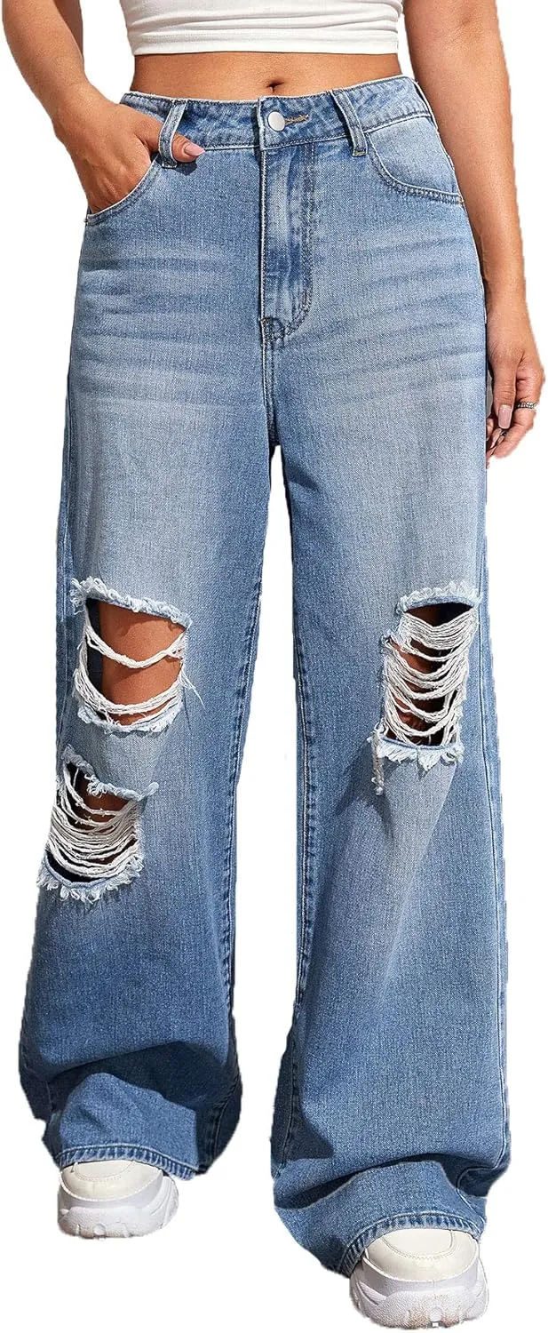 SweatyRocks Women's Casual Loose Ripped Denim Pants Distressed Wide Leg Jeans