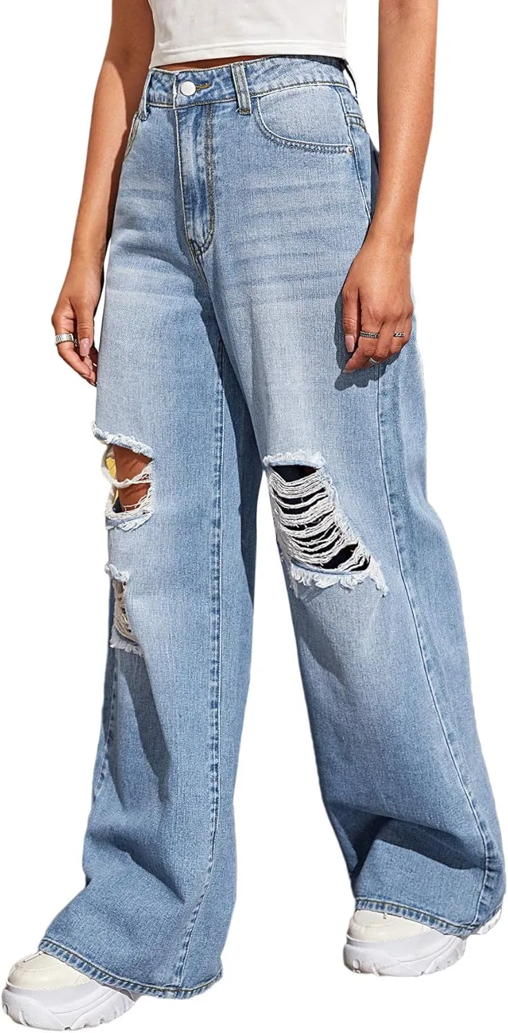 SweatyRocks Women's Casual Loose Ripped Denim Pants Distressed Wide Leg Jeans