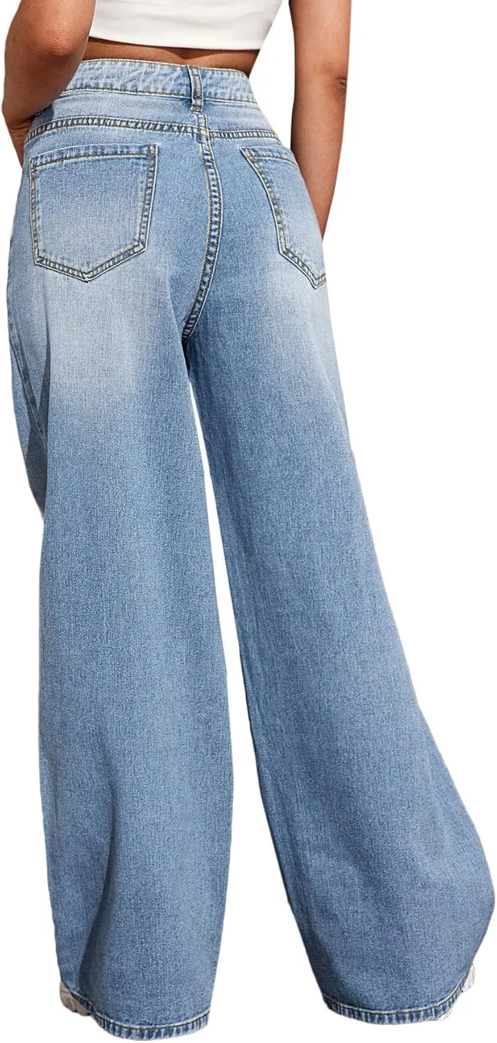 SweatyRocks Women's Casual Loose Ripped Denim Pants Distressed Wide Leg Jeans