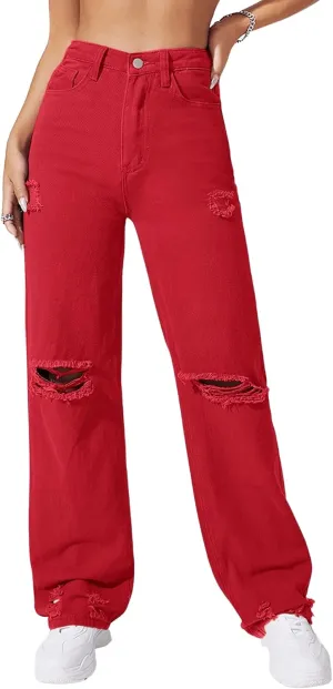 SweatyRocks Women's Casual Loose Ripped Denim Pants Distressed Wide Leg Jeans
