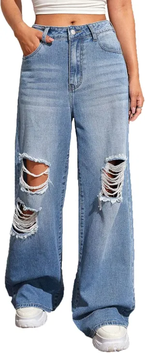 SweatyRocks Women's Casual Loose Ripped Denim Pants Distressed Wide Leg Jeans