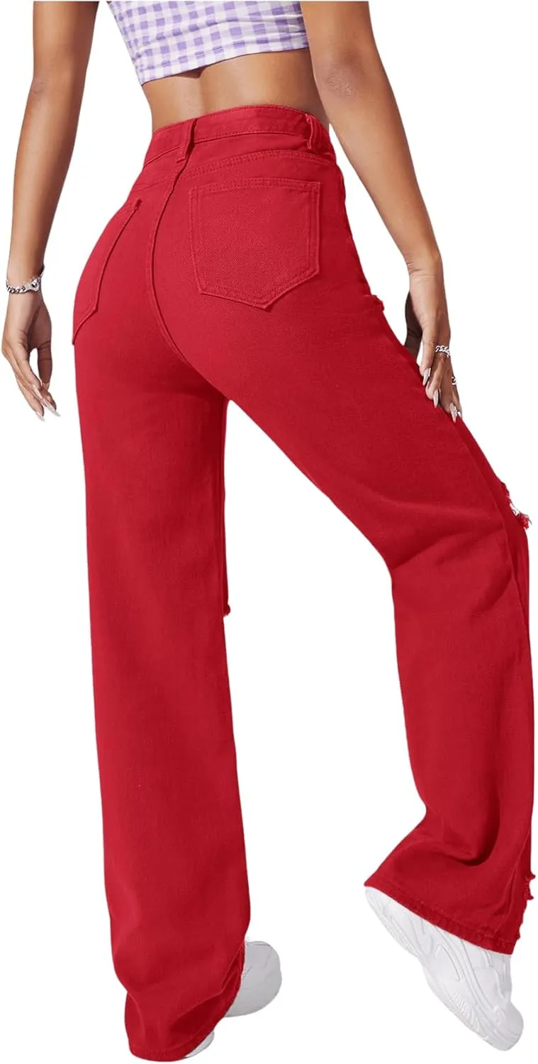 SweatyRocks Women's Casual Loose Ripped Denim Pants Distressed Wide Leg Jeans