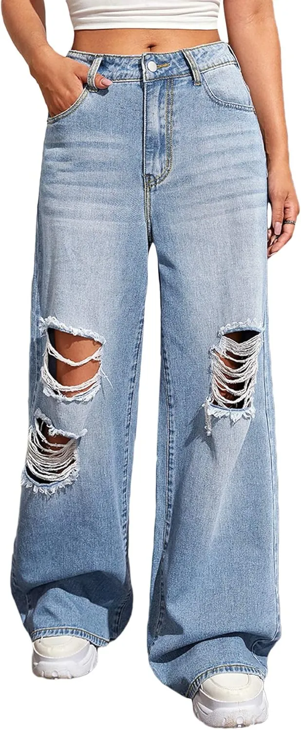 SweatyRocks Women's Casual Loose Ripped Denim Pants Distressed Wide Leg Jeans
