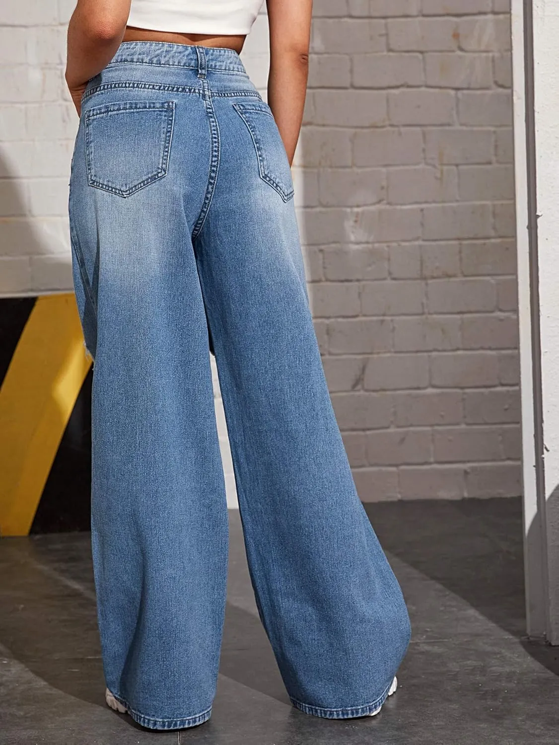 SweatyRocks Women's Casual Loose Ripped Denim Pants Distressed Wide Leg Jeans