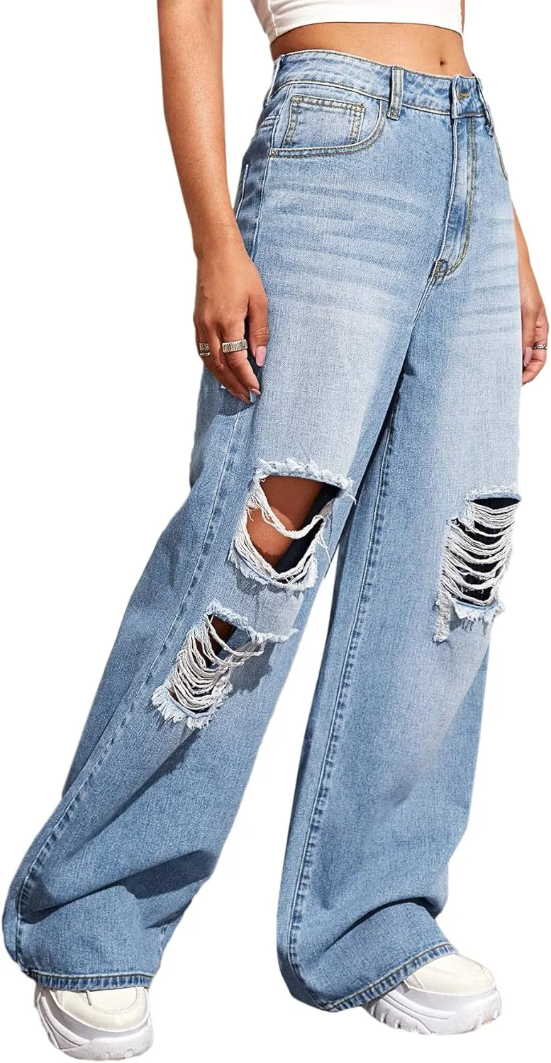 SweatyRocks Women's Casual Loose Ripped Denim Pants Distressed Wide Leg Jeans