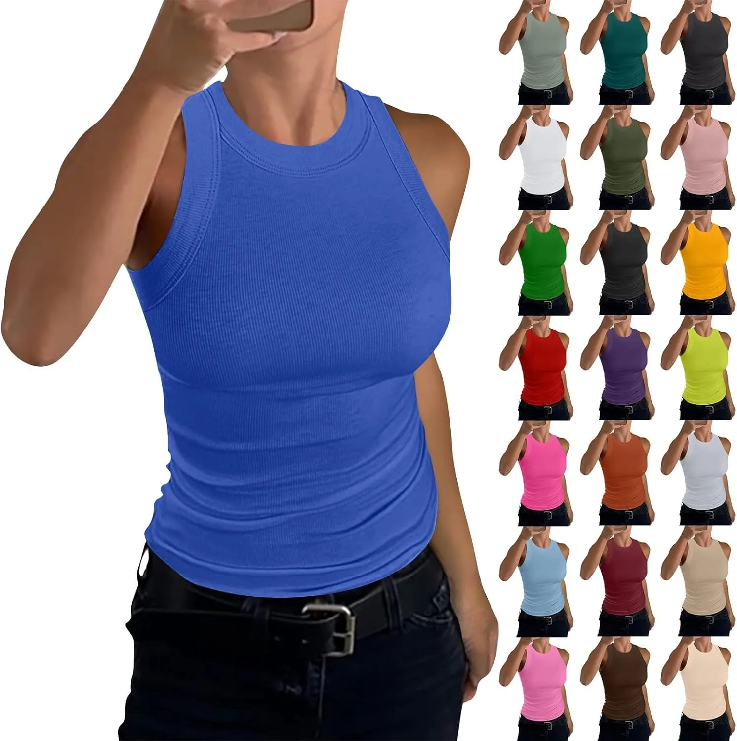 Tank Top for Women Sleeveless Solid Color T Shirts Crewneck Summer Basic Tee Slim Fit Tight Y2k Crop Tops