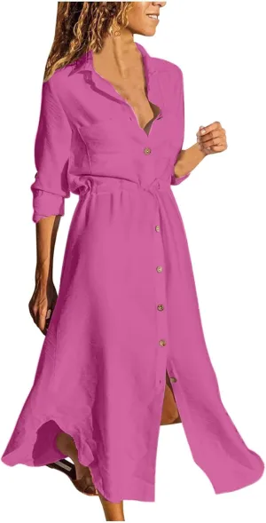 TARIENDY Maxi Dress for Women,Women's Button Down Vacation Outfits Long Sleeve Dresses Plus Size Summer Shirt Sundresses