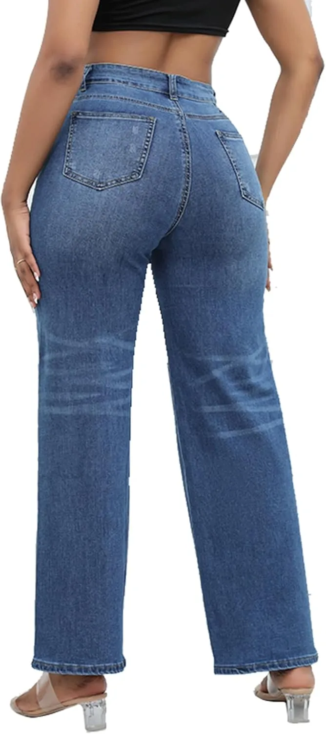 THUNDER STAR Womens High Waisted Wide Leg Jeans Stretchy Distressed Denim Pants