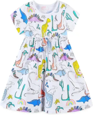 Toddler Girl's Cotton Dress Toddler Girls Summer Dress Clothes Cotton Casual Cartoon Print Short Sleeve Dresses 1-7 Years