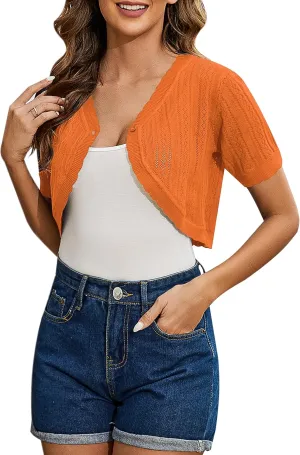 Totatuit Women's Short Sleeve Cropped Cardigan Open Front Bolero Shrugs for Dresses Crochet Button Down Sweaters