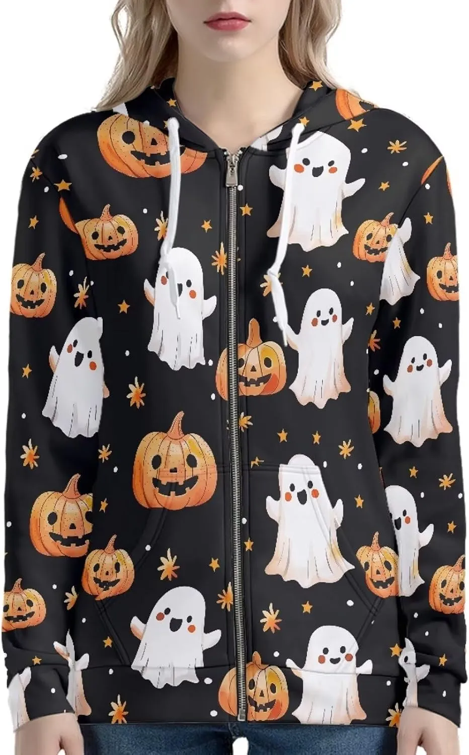 Trendy Womens Zip Up Hoodies Graphic Oversized Sweatshirts Long Sleeve Outfits with Pocket