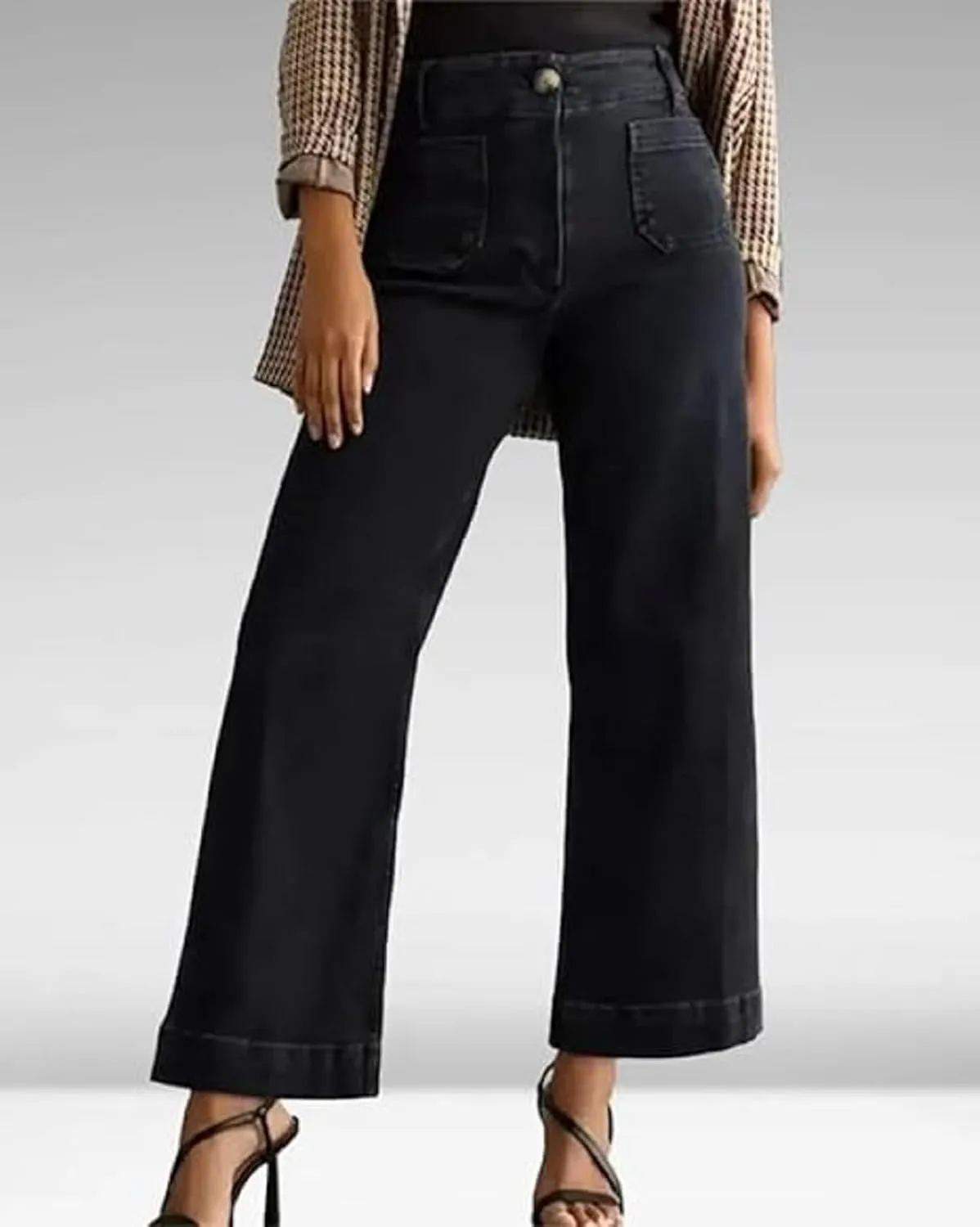 Tummy Control Cropped Wide Leg Jeans, Lovinpro Trendy High Waisted Wide Leg Jeans for Women with Patch Pocket
