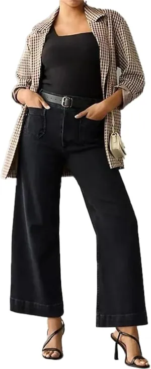 Tummy Control Cropped Wide Leg Jeans, Lovinpro Trendy High Waisted Wide Leg Jeans for Women with Patch Pocket