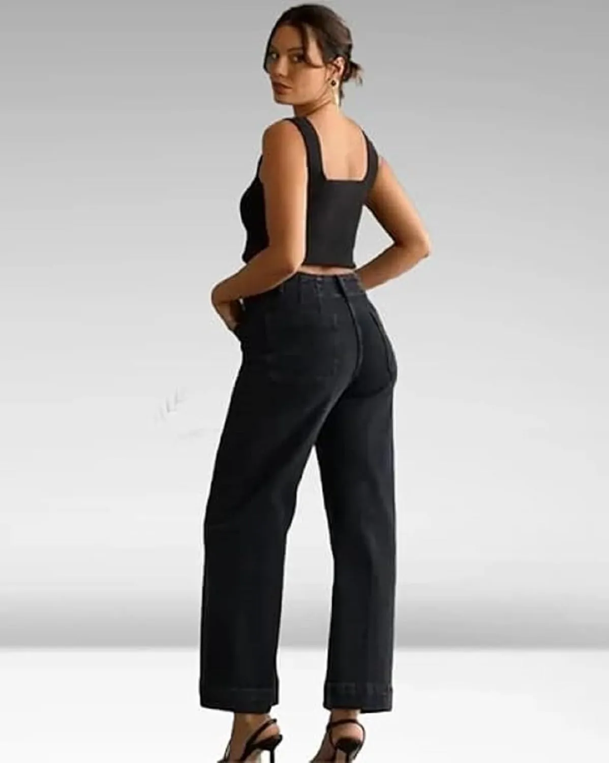 Tummy Control Cropped Wide Leg Jeans, Lovinpro Trendy High Waisted Wide Leg Jeans for Women with Patch Pocket