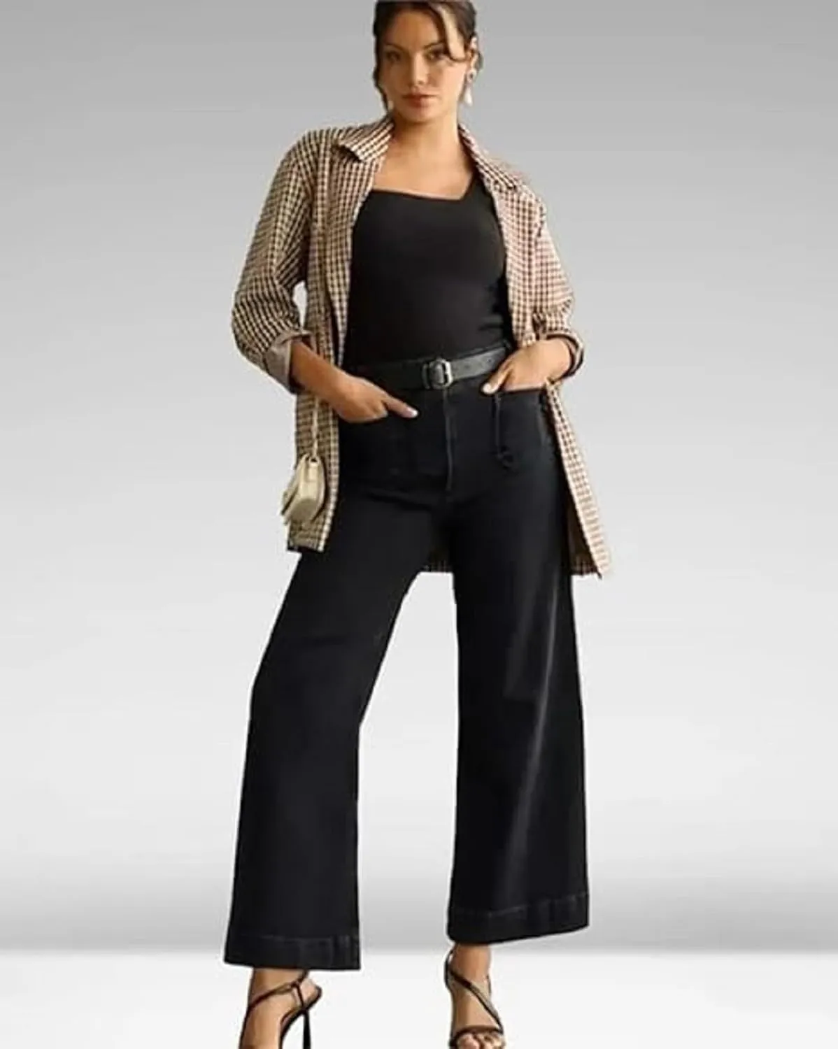 Tummy Control Cropped Wide Leg Jeans, Lovinpro Trendy High Waisted Wide Leg Jeans for Women with Patch Pocket