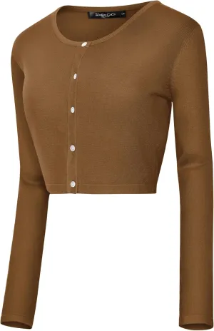 Urban CoCo Women's Long Sleeve Button Up Cropped Cardigan Sweaters for Women Crew Neck Short Bolero Shrug for Dresses