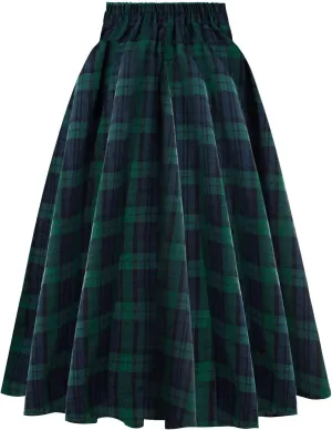 Vintage Plaid Skirt for Women High Waisted Midi A-line Skirts Pleated Skirt with Pockets Tartan Maxi Skirts