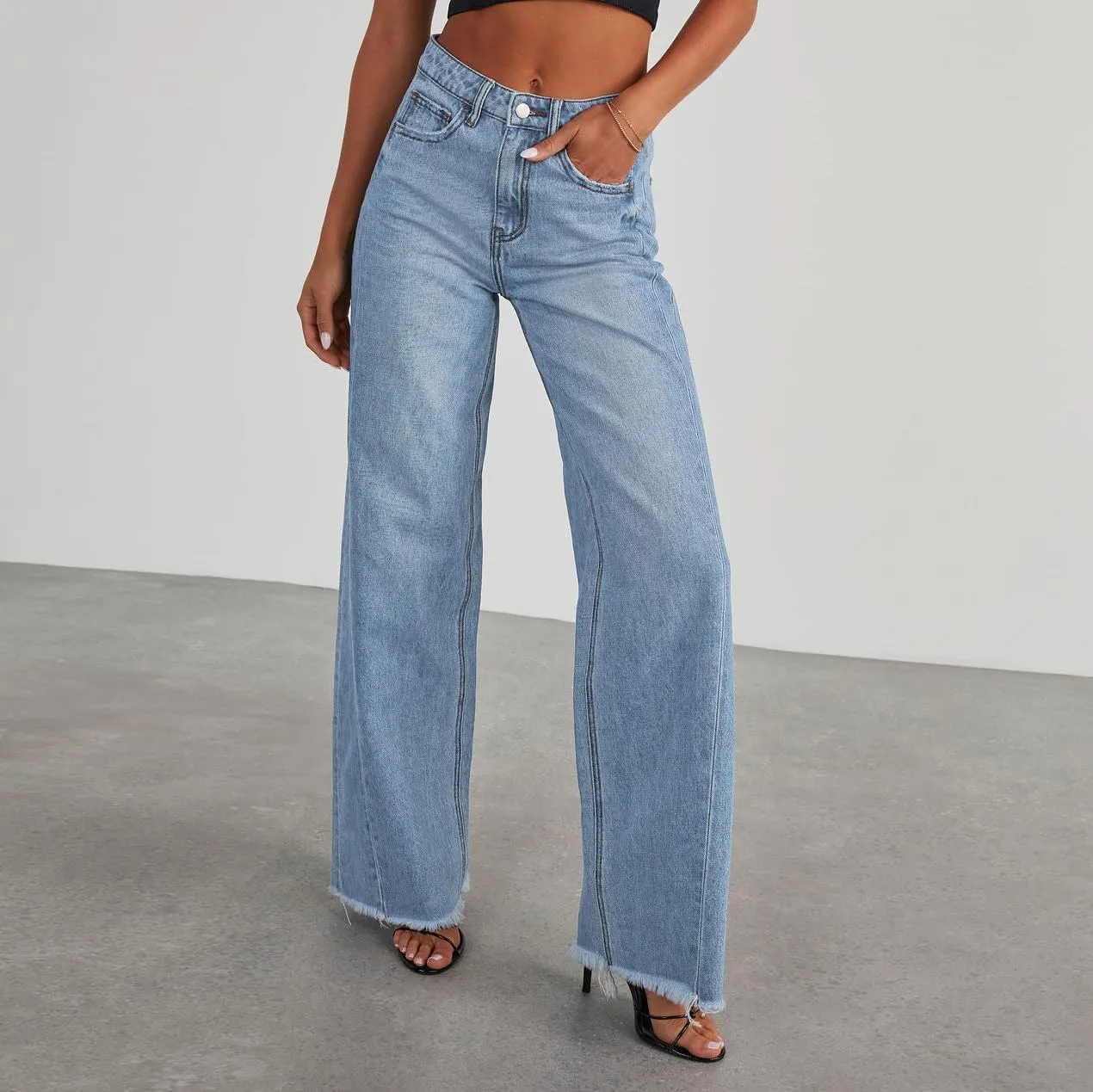 Wide Leg Jeans for Women Trendy High Waisted Solid Straight Wide Leg Jeans Raw Hem Denim Pants with Pockets