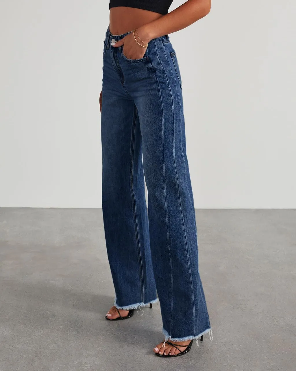 Wide Leg Jeans for Women Trendy High Waisted Solid Straight Wide Leg Jeans Raw Hem Denim Pants with Pockets