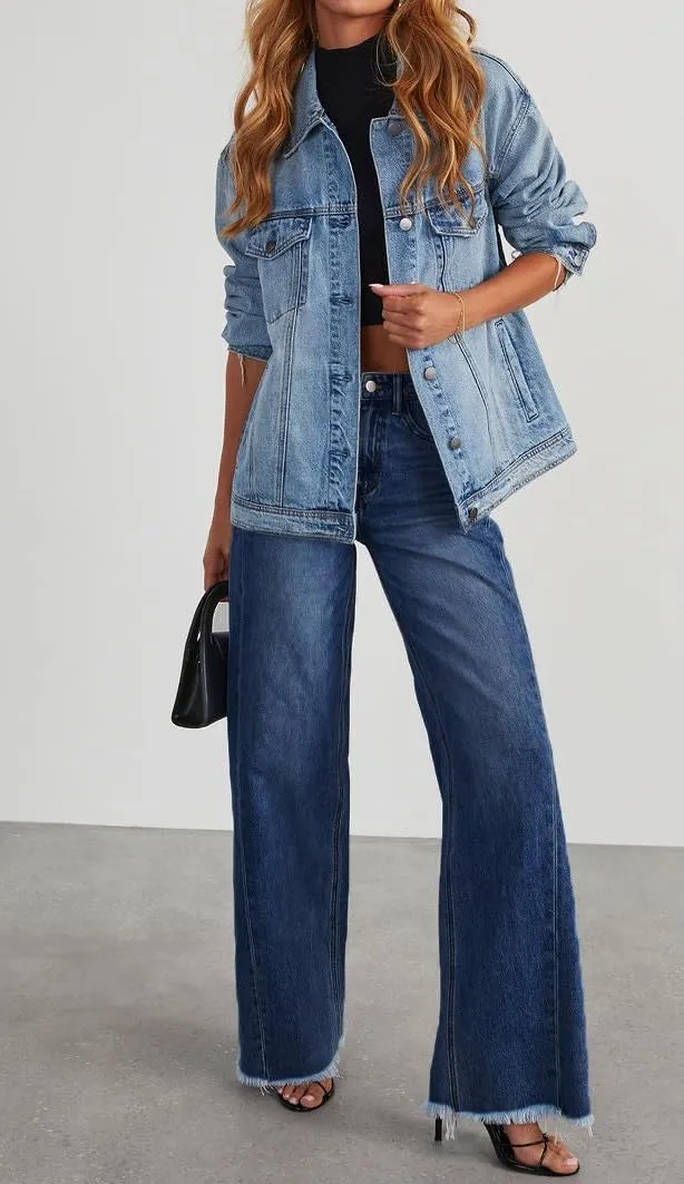 Wide Leg Jeans for Women Trendy High Waisted Solid Straight Wide Leg Jeans Raw Hem Denim Pants with Pockets