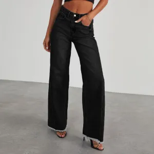 Wide Leg Jeans for Women Trendy High Waisted Solid Straight Wide Leg Jeans Raw Hem Denim Pants with Pockets