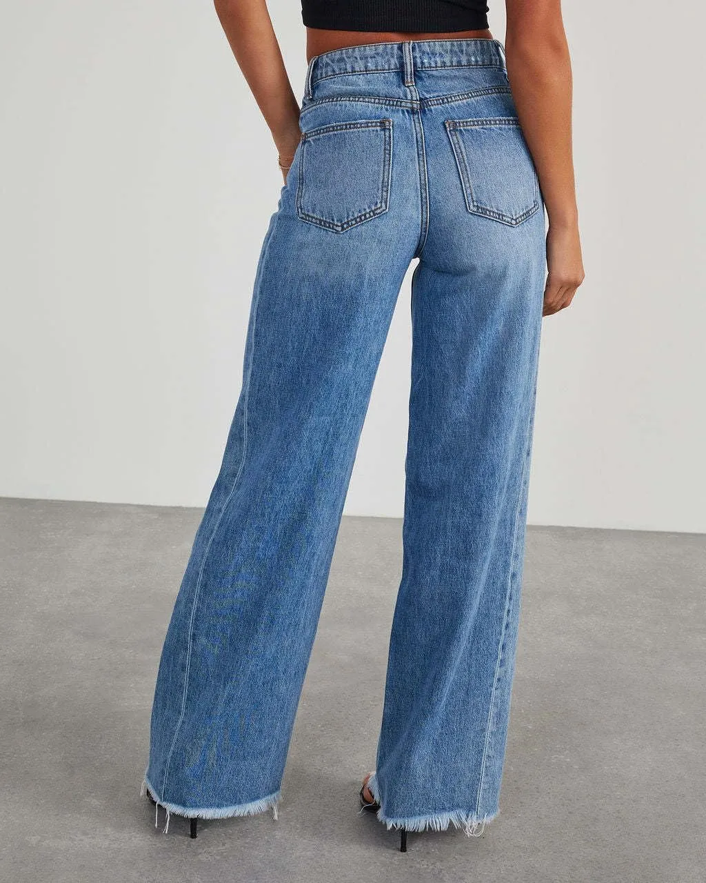 Wide Leg Jeans for Women Trendy High Waisted Solid Straight Wide Leg Jeans Raw Hem Denim Pants with Pockets