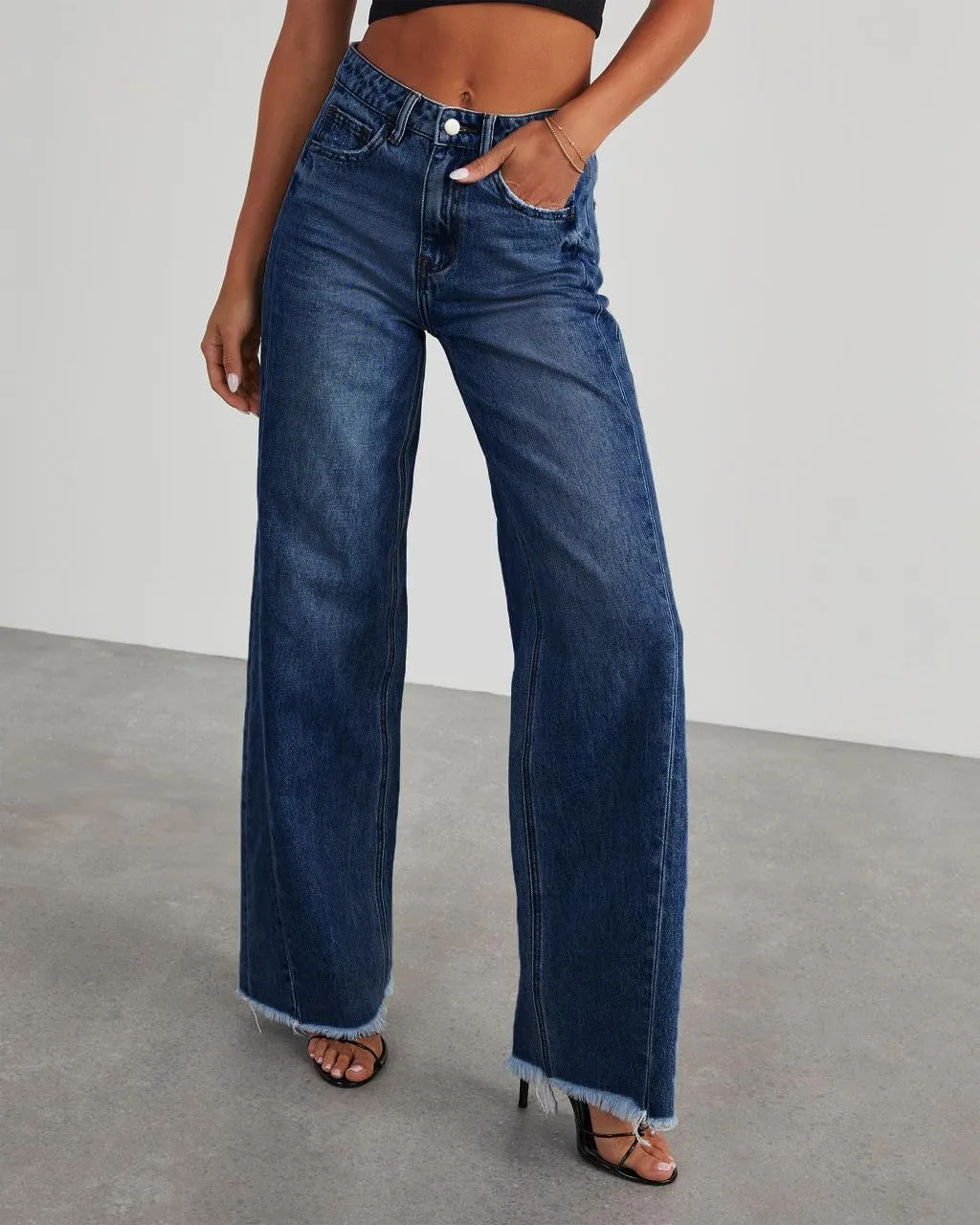 Wide Leg Jeans for Women Trendy High Waisted Solid Straight Wide Leg Jeans Raw Hem Denim Pants with Pockets