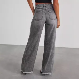 Wide Leg Jeans for Women Trendy High Waisted Solid Straight Wide Leg Jeans Raw Hem Denim Pants with Pockets
