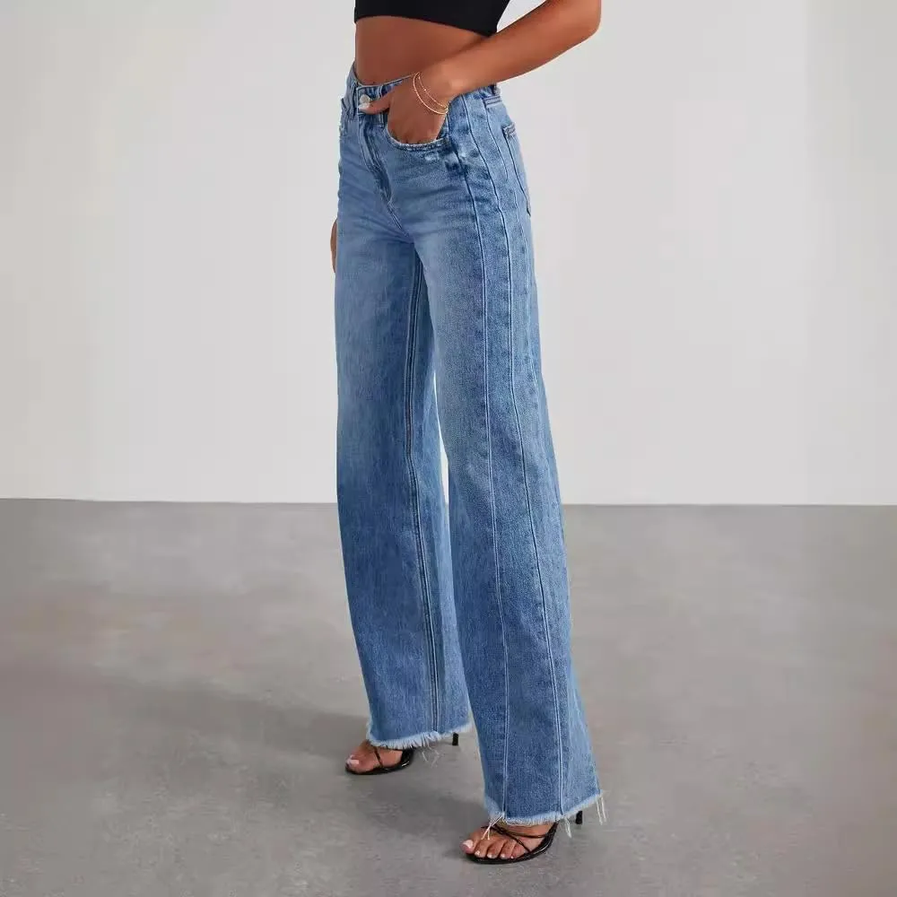 Wide Leg Jeans for Women Trendy High Waisted Solid Straight Wide Leg Jeans Raw Hem Denim Pants with Pockets