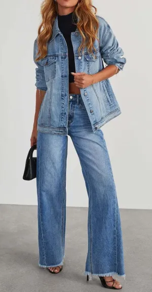 Wide Leg Jeans for Women Trendy High Waisted Solid Straight Wide Leg Jeans Raw Hem Denim Pants with Pockets