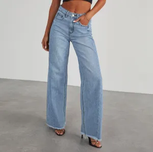Wide Leg Jeans for Women Trendy High Waisted Solid Straight Wide Leg Jeans Raw Hem Denim Pants with Pockets
