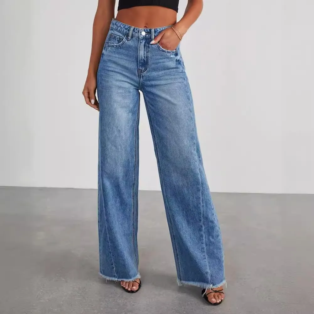 Wide Leg Jeans for Women Trendy High Waisted Solid Straight Wide Leg Jeans Raw Hem Denim Pants with Pockets