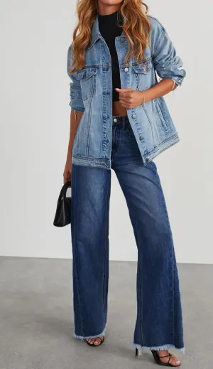 Wide Leg Jeans for Women Trendy High Waisted Solid Straight Wide Leg Jeans Raw Hem Denim Pants with Pockets