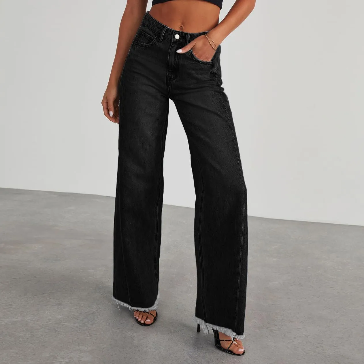 Wide Leg Jeans for Women Trendy High Waisted Solid Straight Wide Leg Jeans Raw Hem Denim Pants with Pockets