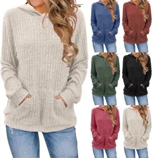 Winter Striped Hooides for Women Casual Loose Solid Hooded Long Sleeve Knitted Textured T Shirts Loose Thick Sweater