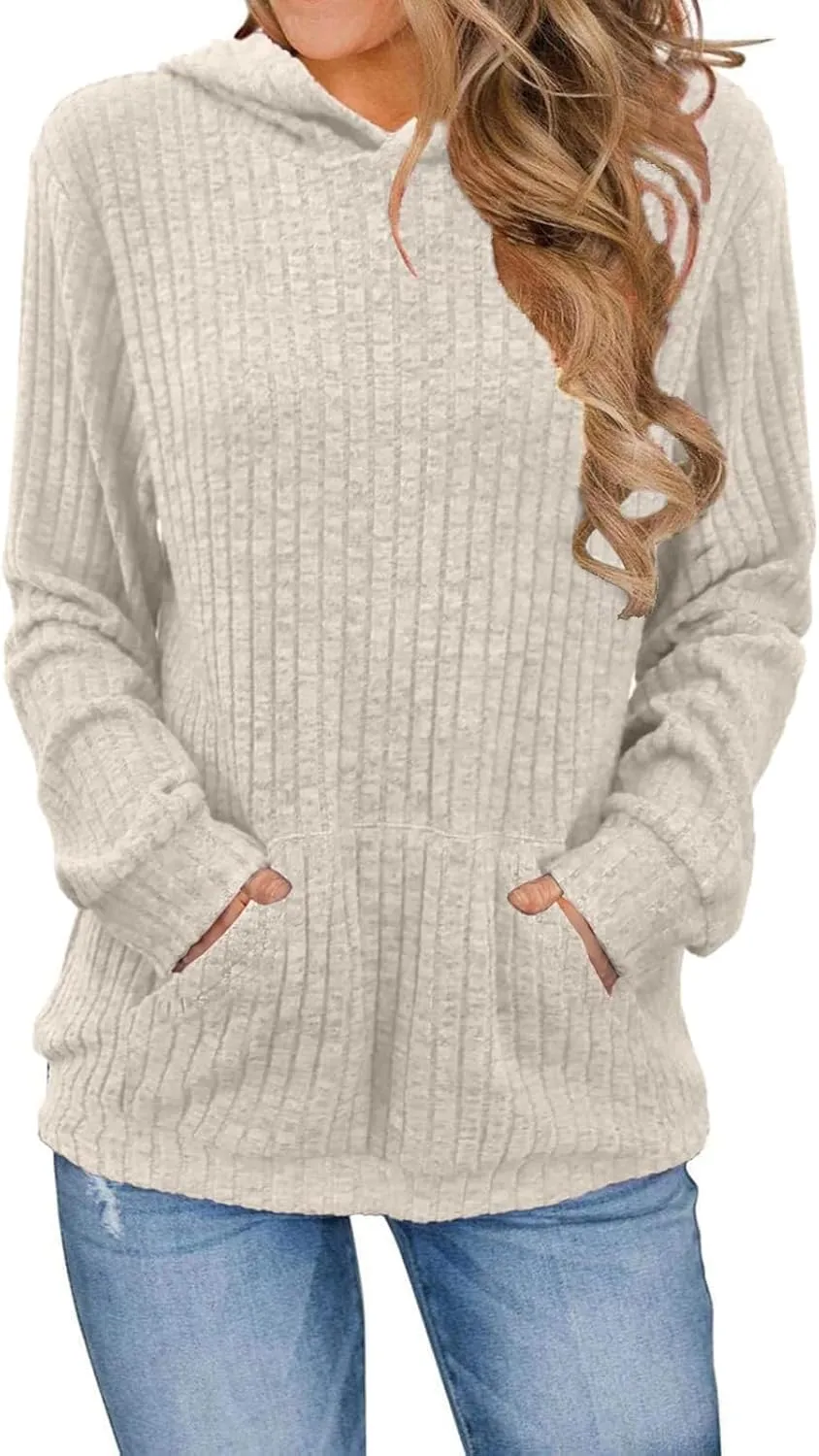 Winter Striped Hooides for Women Casual Loose Solid Hooded Long Sleeve Knitted Textured T Shirts Loose Thick Sweater