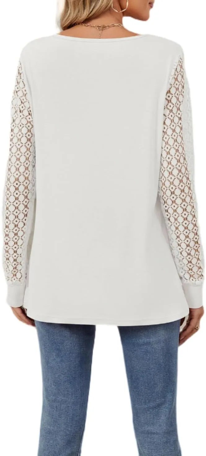 Women Autumn Winter Blouses, Solid Color Lace Patchwork Loose Long Sleeve Shirts, Lace Patchwork T-Shirt