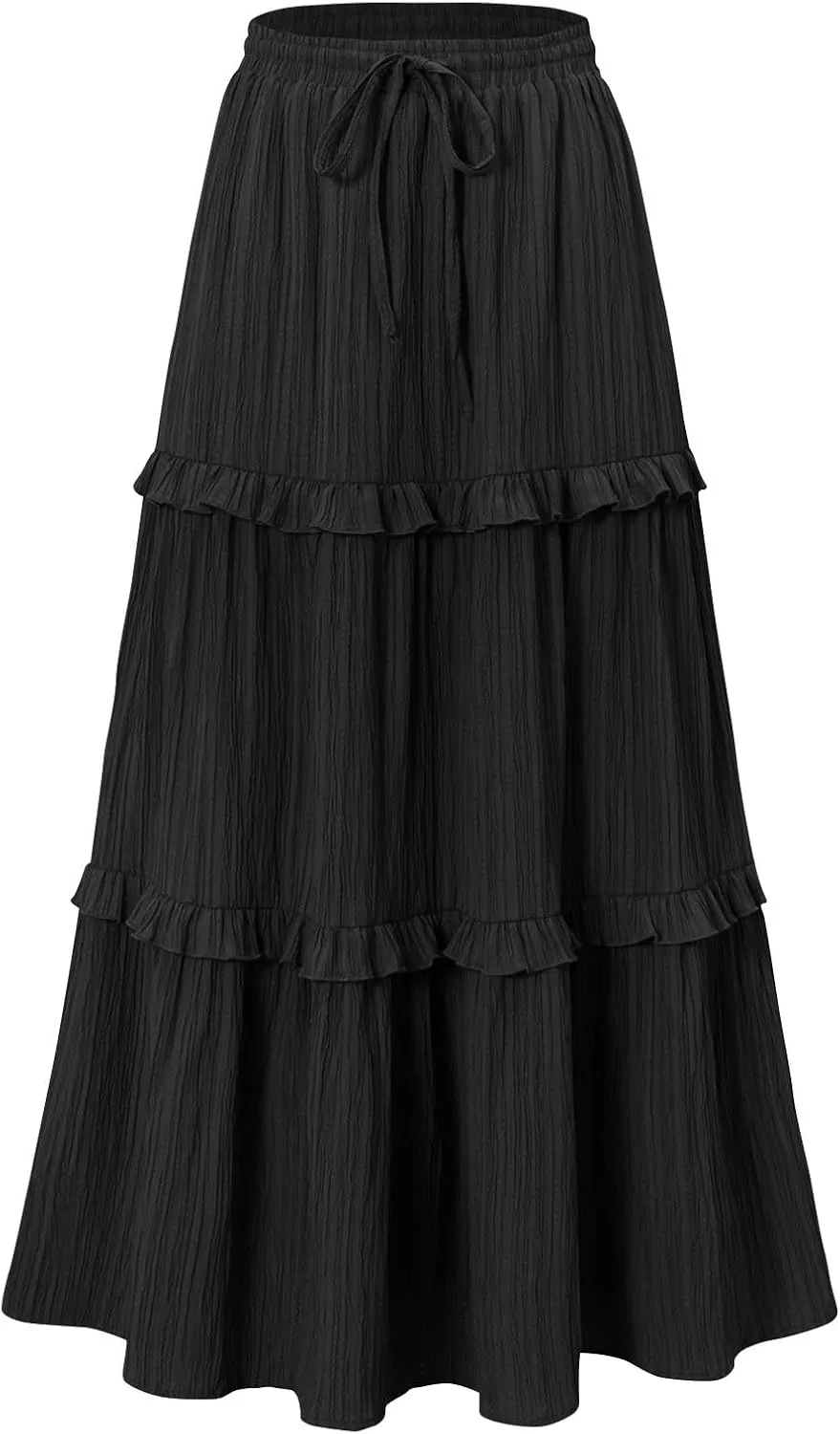 Women Boho Elastic High Waist Pleated A-Line Skirts Flowy Swing Tiered Maxi Long Skirt Dress Summer Trendy