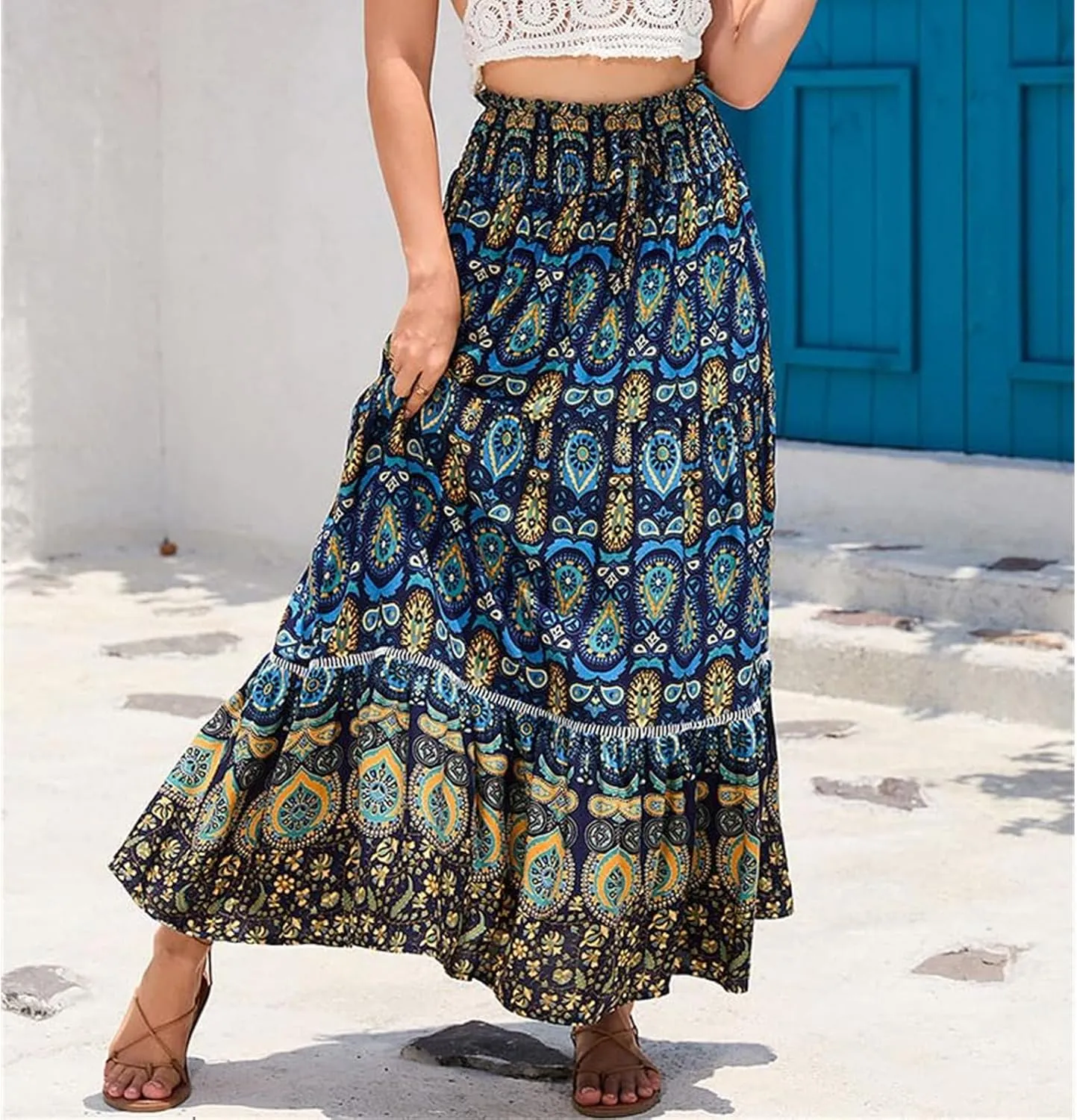 Women Boho Floral Print Skirts Vintage Elastic High Waist A-Line Long Skirts Summer Tiered Flowy Maxi Skirt