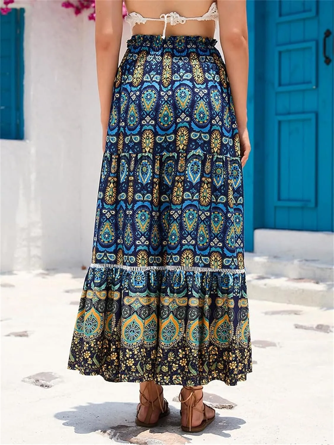 Women Boho Floral Print Skirts Vintage Elastic High Waist A-Line Long Skirts Summer Tiered Flowy Maxi Skirt